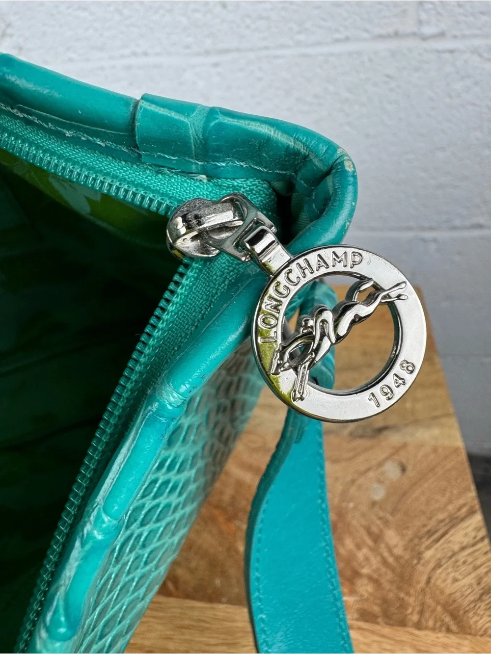 Longchamp Roseau Croc Embossed Leather Shoulder Bag Turquoise Teal France